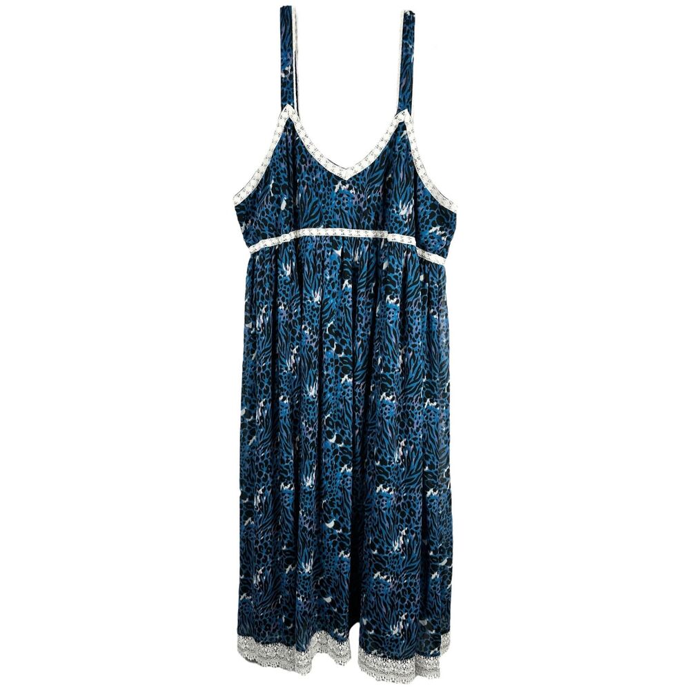 Roamans Denim‎ 24/7 Plus Size 34W Maxi Dress Blue Lace Trim Animal Print 610